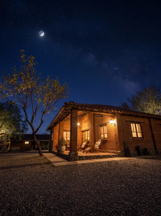 Cabaña de El Cadillar iluminada de noche, bajo un cielo estrellado con la luna, en Tarija